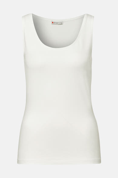Wit T-shirt zonder mouwen van STREET ONE, effen, gepresenteerd op een lichte achtergrond.