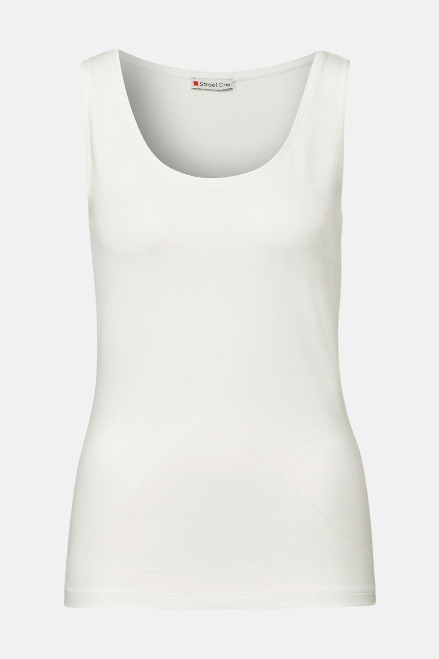 Wit T-shirt zonder mouwen van STREET ONE, effen, gepresenteerd op een lichte achtergrond.