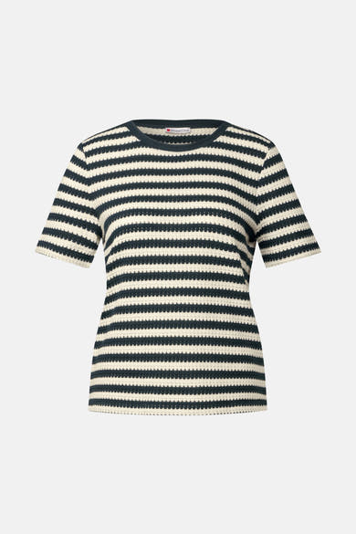 Gestreept T-shirt in marineblauw en ecru van Street One, met korte mouwen en een getextureerd breisel.