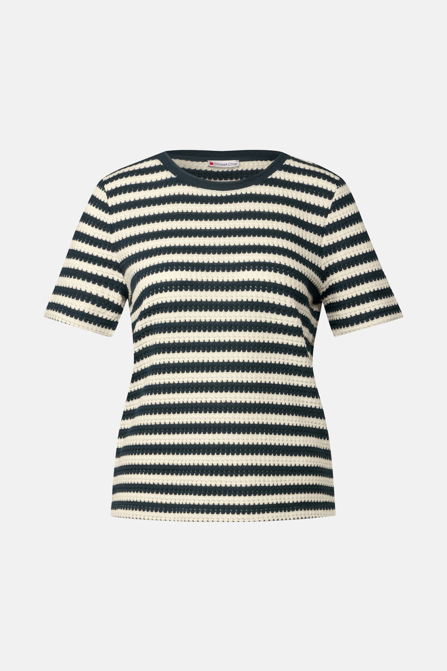 Gestreept T-shirt in marineblauw en ecru van Street One, met korte mouwen en een getextureerd breisel.