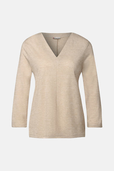 Top met lange mouwen beige van Street One, V-hals met gemêleerde textuur.