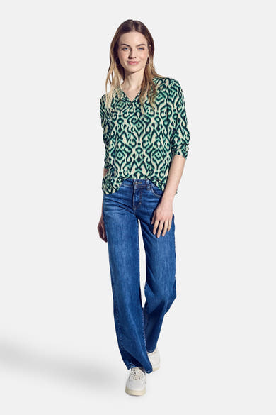 Multikleuren blouse met lange mouwen van STREET ONE, met een groen grafisch patroon en geplooide details op de mouwen.
