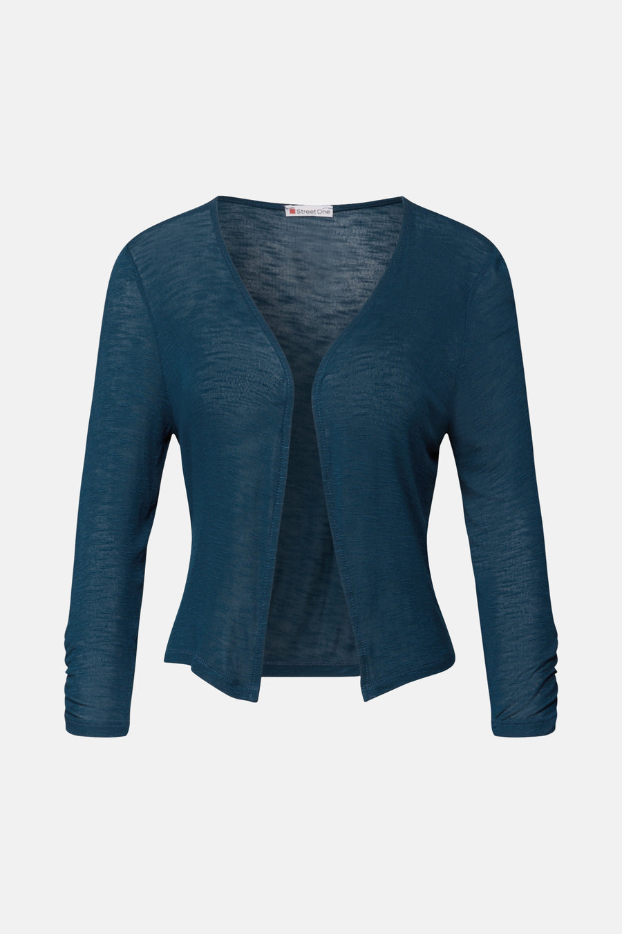 Blauwe vest met fijne breinaald van Street One, met driekwart mouwen met plooien.
