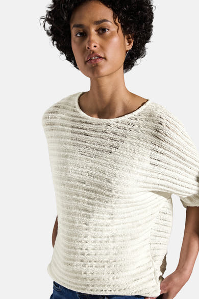 Pull col rond blanc en maille de Street One, porté avec un jean bleu.
