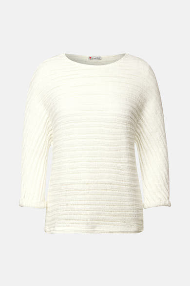 Pull col rond blanc en maille ajourée de Street One, avec manches 3/4