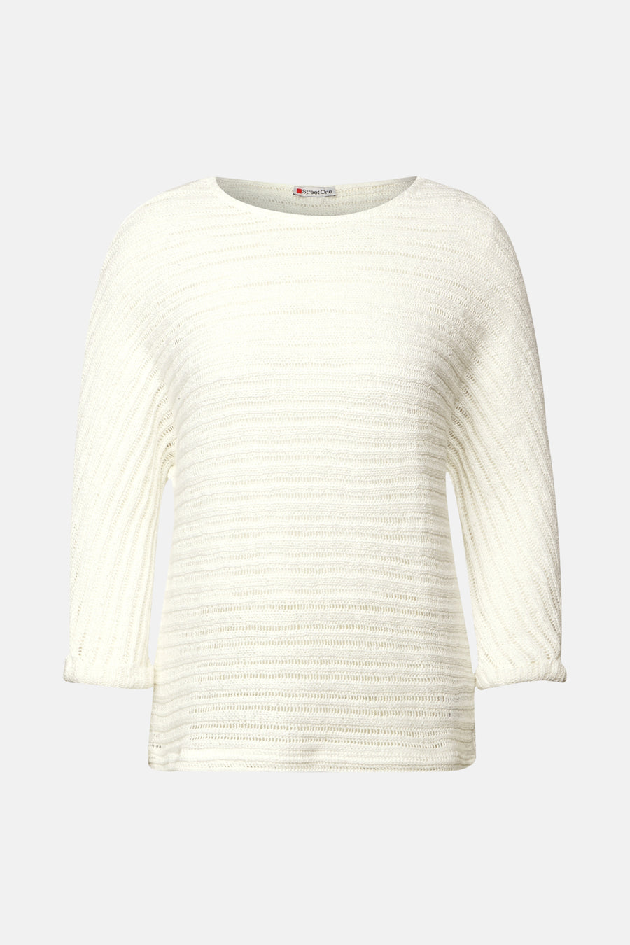 Pull col rond blanc en maille ajourée de Street One, avec manches 3/4