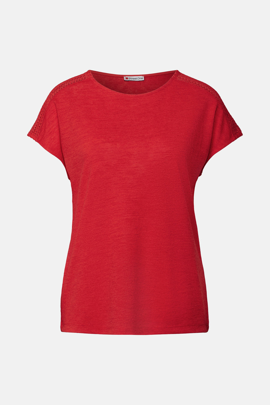 Top uni manches courtes rouge de STREET ONE, avec des détails en dentelle aux épaules.
