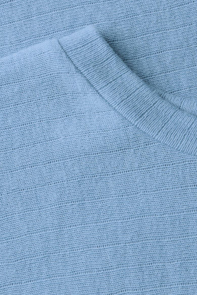 Top met korte mouwen blauw van Street One, in fijne textuurgebreide stof met een V-hals.