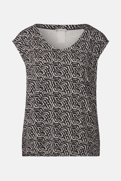 Top uni à manches courtes multicolore de STREET ONE, imprimé à motifs zigzag noirs et blancs.