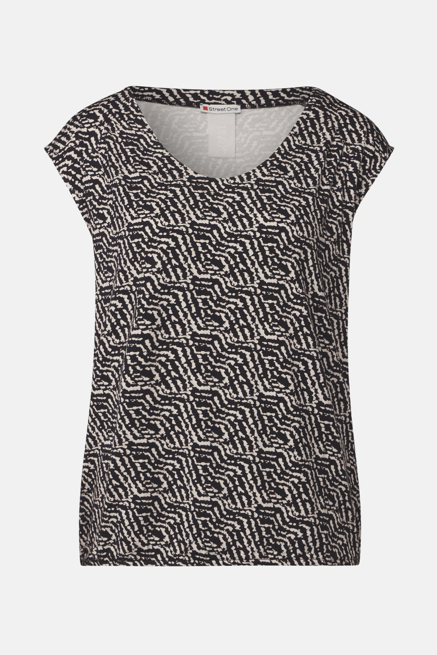 Top uni à manches courtes multicolore de STREET ONE, imprimé à motifs zigzag noirs et blancs.