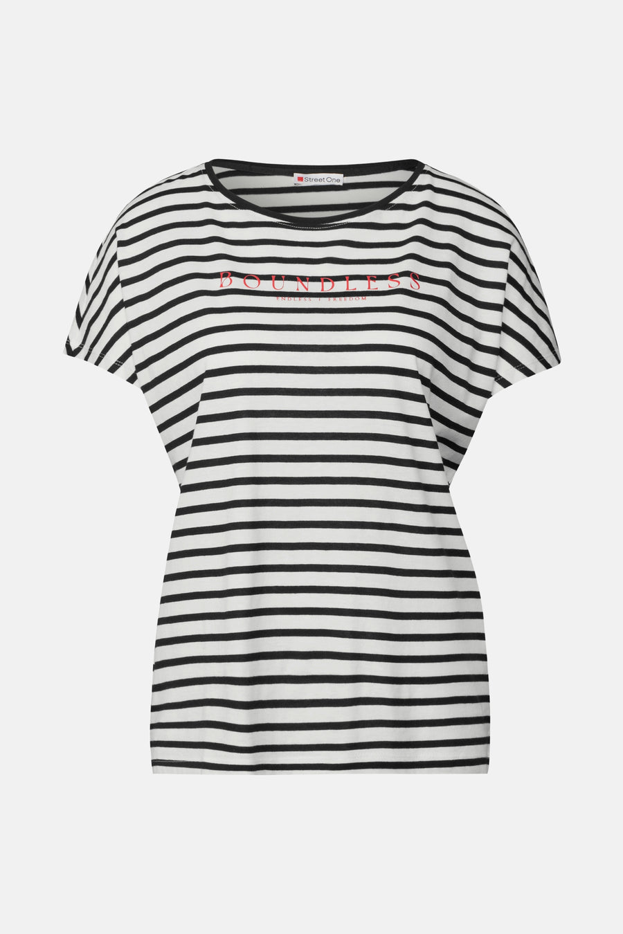 Top à rayures blanc et noir de Street One, avec inscription rouge sur le devant.