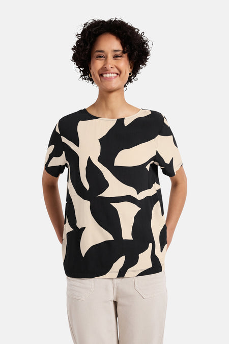 Multikleuren mouwloos overhemd van Street One, met een zwart en beige abstract patroon.