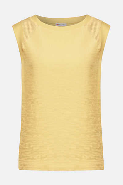 Top sans manches jaune de Street One avec empiècements ajourés aux épaules et texture gaufrée.