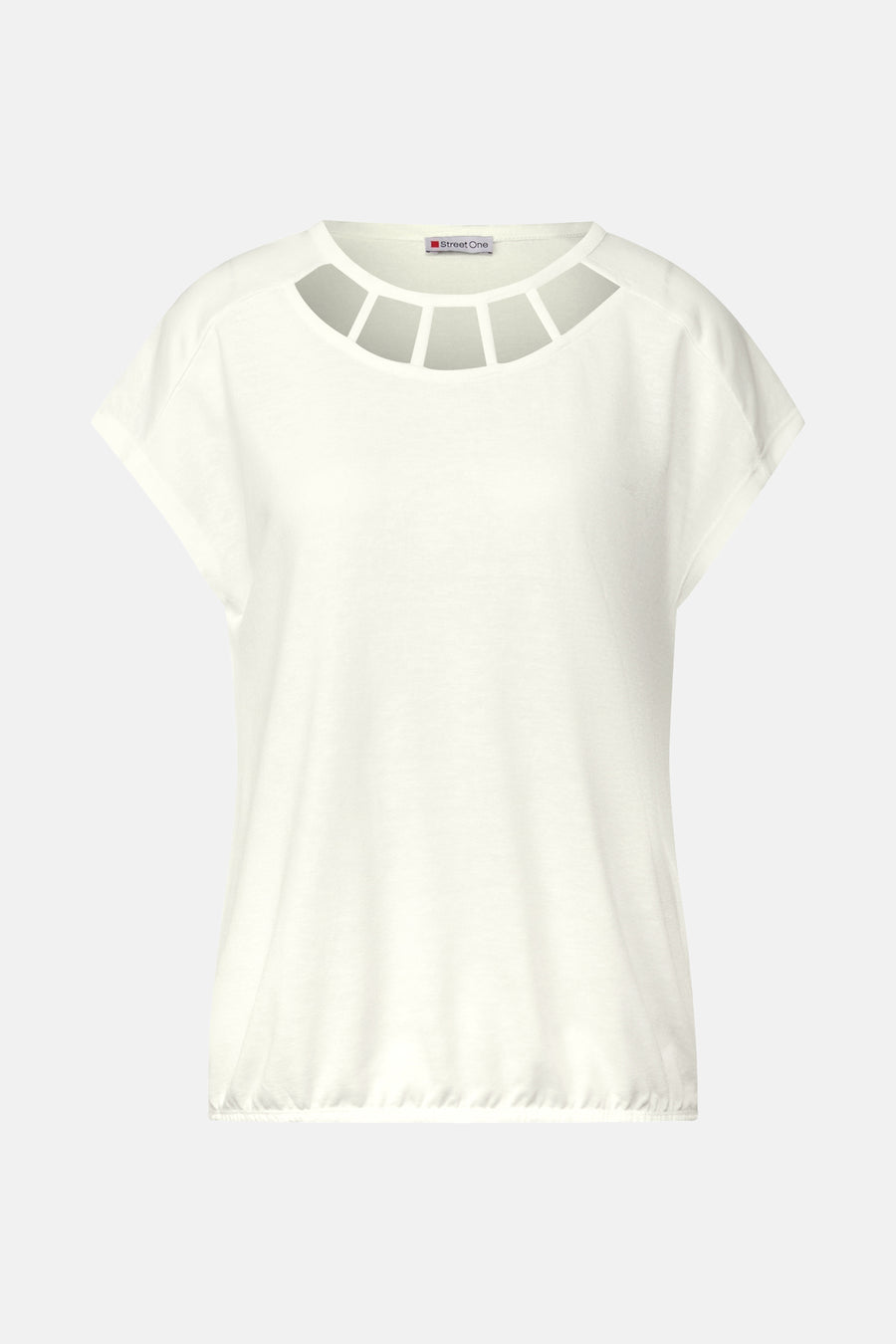 Ecru top met korte mouwen van Street One, met decoratieve uitsnijdingen bij de halslijn en elastische zoom.