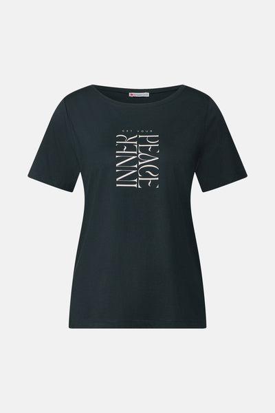 T-shirt à manches courtes vert foncé de Street One, avec un imprimé décoratif vertical "Inner Peace".