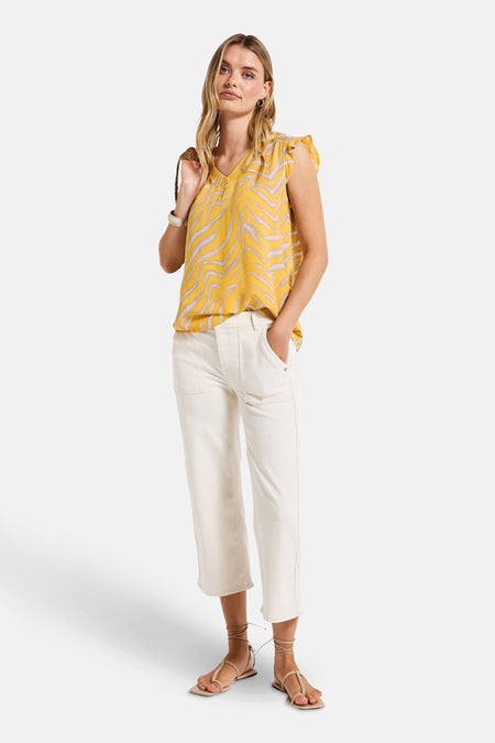 Mouwloos meerkleurig overhemd van STREET ONE, met zebraprint en ruchesdetails op de schouders.