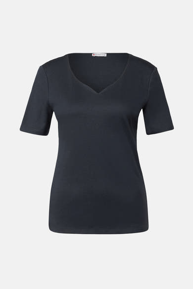 Blauw T-shirt met korte mouwen van Street One, met een eenvoudige V-hals.