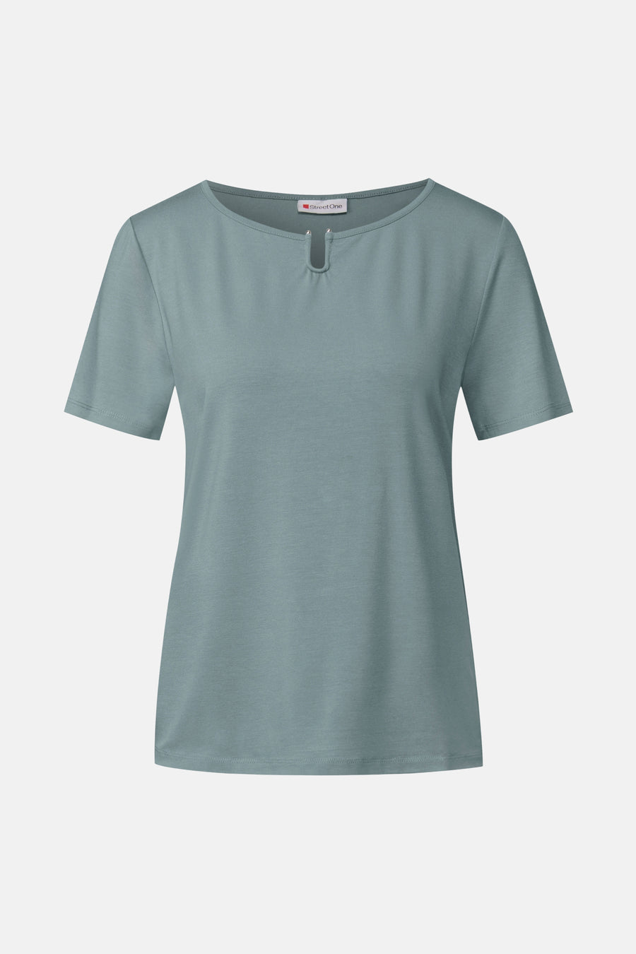 Top met korte mouwen in het blauw van STREET ONE met een ronde hals versierd met een metalen U-detail.