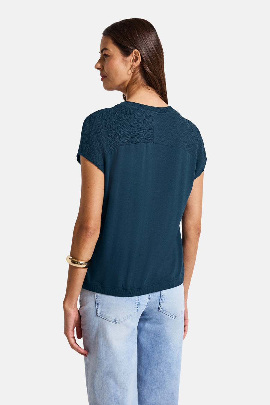 Top met korte mouwen marineblauw van Street One, met textuurinzetstuk en gouden armbandje.
