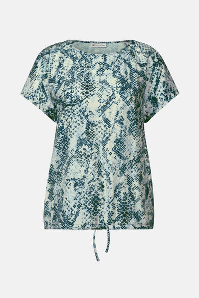 Blauw T-shirt met korte mouwen van Street One met slangenprint en trekkoord aan de zoom.