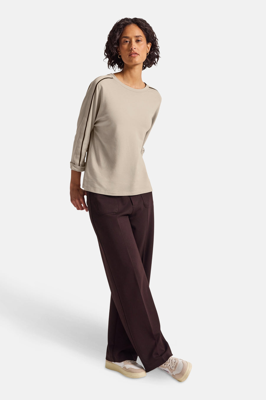 Top met lange mouwen beige van STREET ONE, met bruine strepen op de mouwen.
