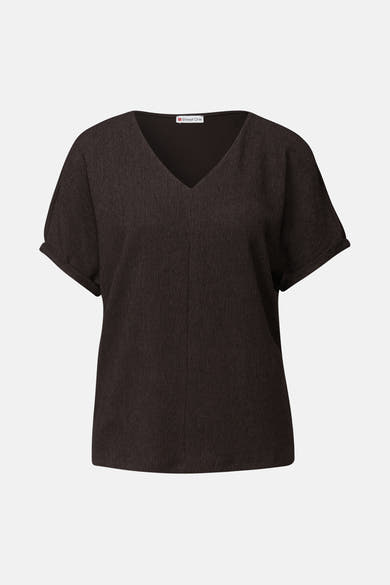 Top uni manches courtes brun de Street One, à texture plissée et encolure en V.
