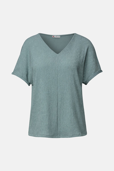 Top met korte mouwen blauw van Street One, met wafelstructuur en V-hals.