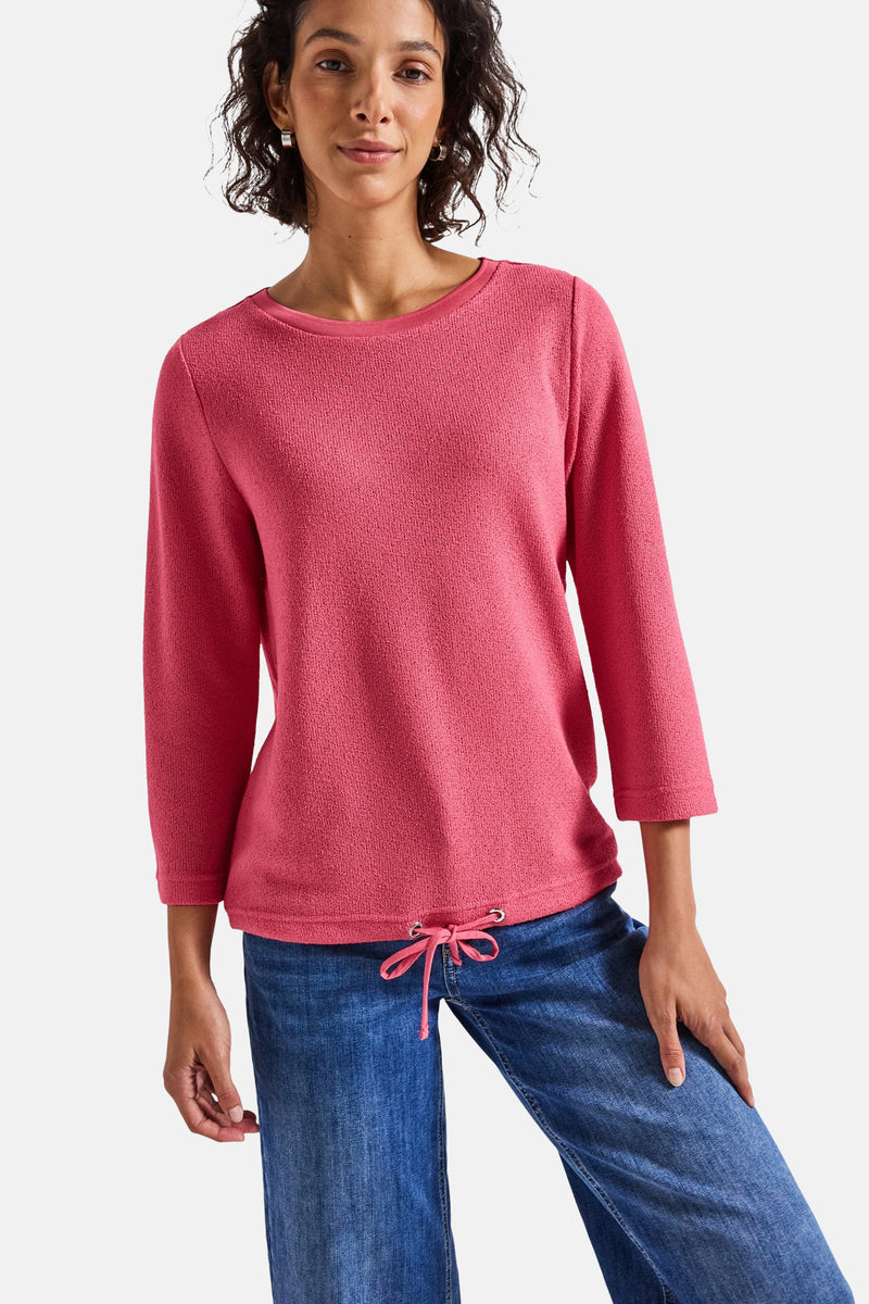 Pull col rond corail de Street One avec cordon décoratif à la taille et manches trois-quarts.