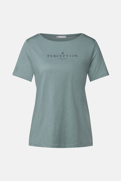 Blauw T-shirt met korte mouwen van Street One, met decoratieve zwarte opdruk op de voorkant.