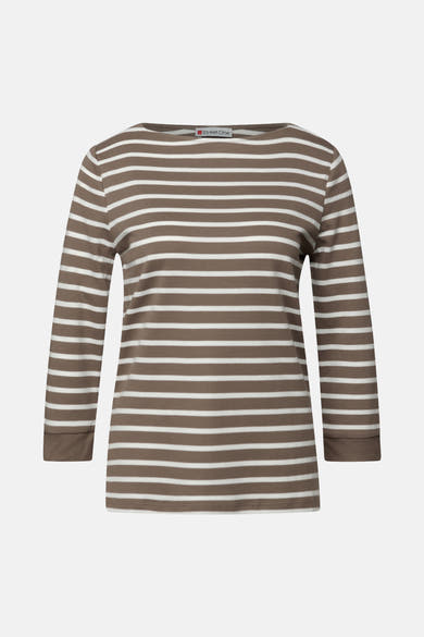 Gestreept bruin en wit T-shirt met lange mouwen van Street One, met boothals.