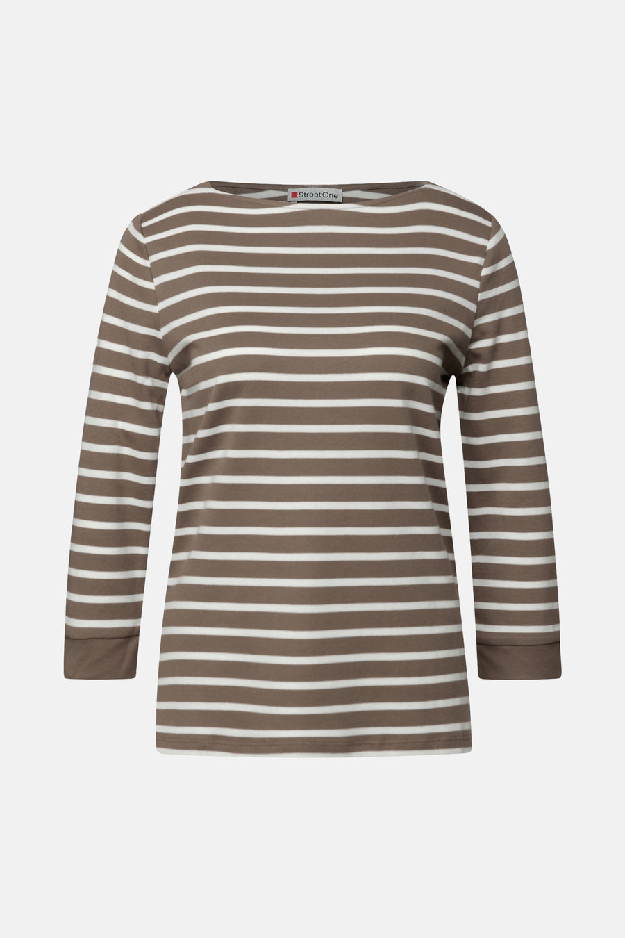 Gestreept bruin en wit T-shirt met lange mouwen van Street One, met boothals.