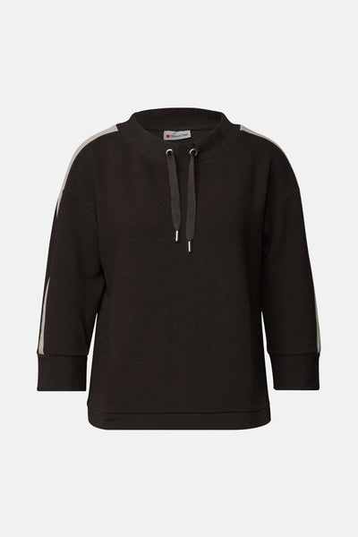 Ronde hals sweatshirt bruin van STREET ONE, met beige strepen op de driekwartmouwen en strikdetails.