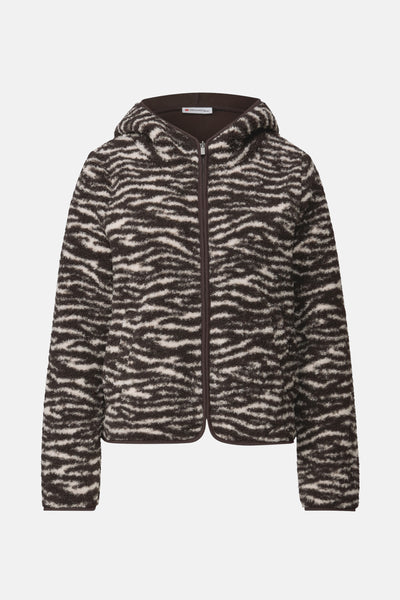 Gilet à capuche en tissu bouclé à motif zébré de Street One, fermeture zippée sur fond blanc.