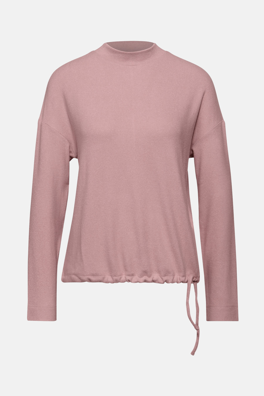 Pull col rond rose par Street One, avec cordon de serrage à la base et texture côtelée.