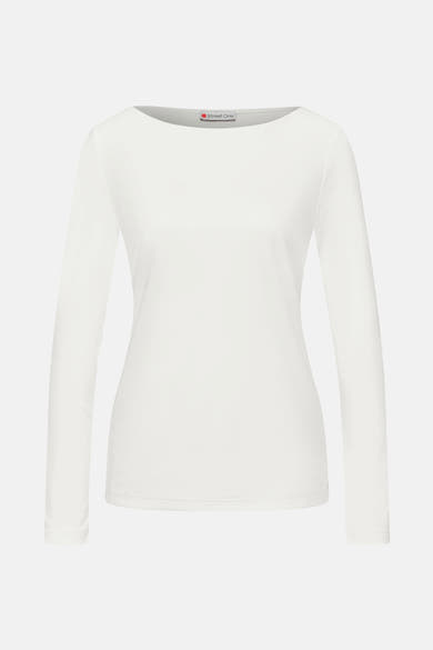 Top uni manches longues blanc de Street One, coupe ajustée et col bateau.
