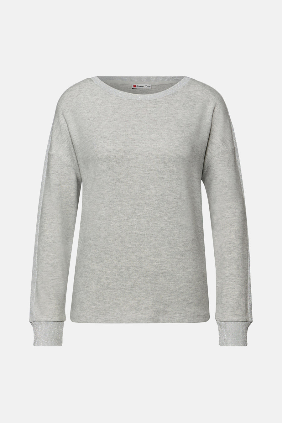 T-shirt à manches longues gris de Street One, avec bandes argentées décoratives sur les manches et les poignets.
