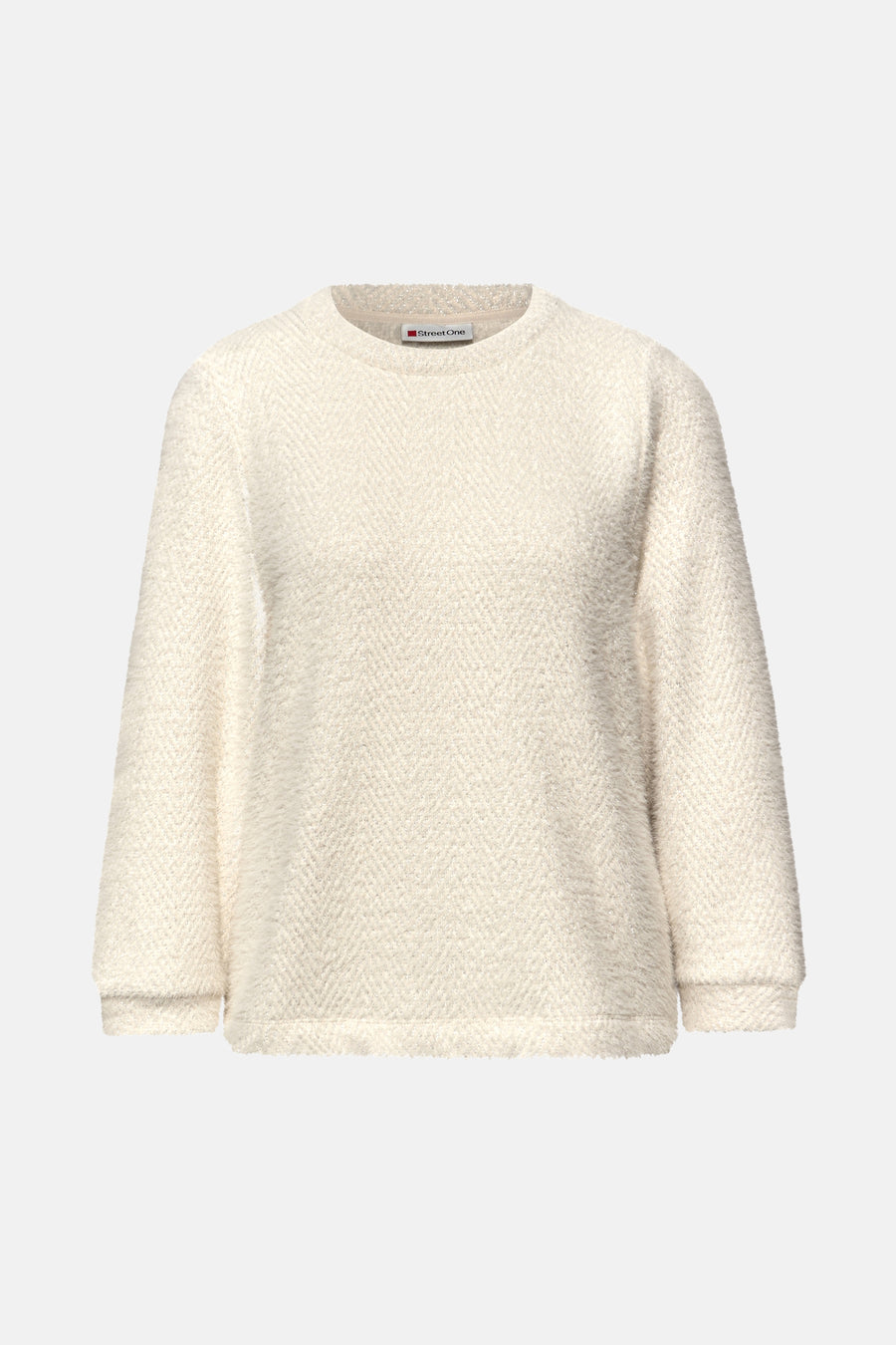 Pull col rond blanc cassé de Street One, en maille bouclette texturée à motif chevron.