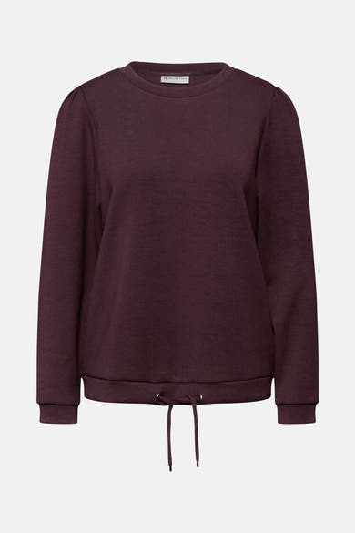 Sweat col rond rouge bordeaux de Street One avec manches longues bouffantes et cordon de serrage à la taille.