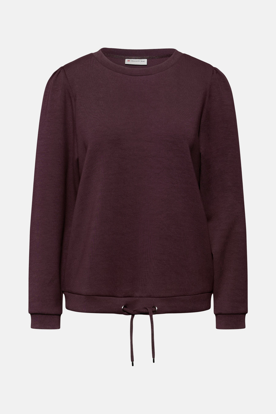 Sweat col rond rouge bordeaux de Street One avec manches longues bouffantes et cordon de serrage à la taille.
