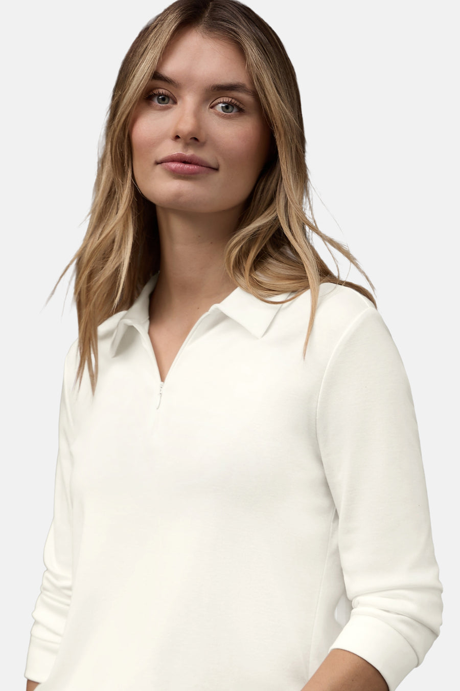 Top uni à manches longues écru de Street One, avec col chemise zippé et coupe décontractée.