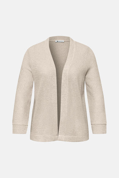 Gilet beige de STREET ONE, ouvert avec manches 3/4 et texture tricotée.