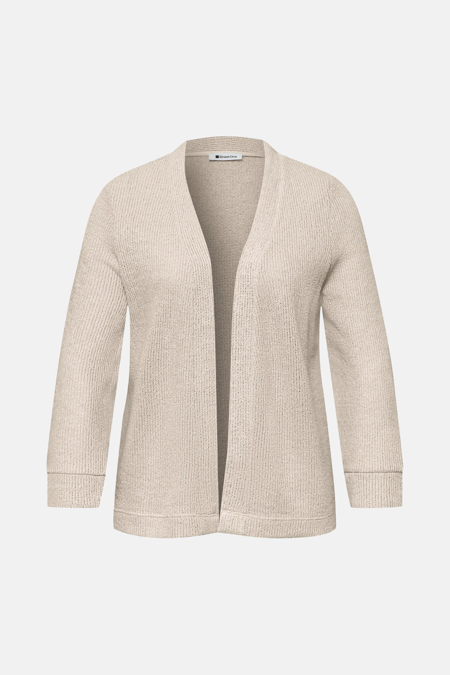 Gilet beige de STREET ONE, ouvert avec manches 3/4 et texture tricotée.