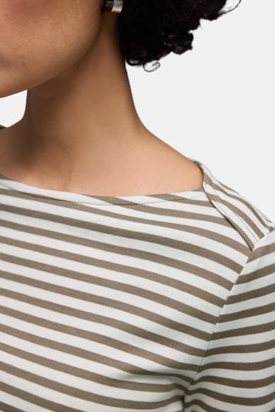 Bruin T-shirt met lange mouwen van STREET ONE, horizontale strepen, boothals en schouderdetail.