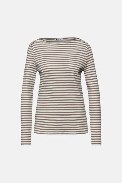 T-shirt à manches longues marron rayé de Street One, coupe ajustée et col bateau.