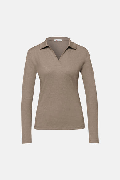 Beige T-shirt met lange mouwen van Street One, in ribgebreide stof, met een polokraag.