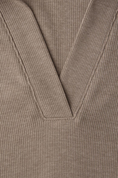 Beige T-shirt met lange mouwen van STREET ONE, in ribgebreide stof met V-hals.