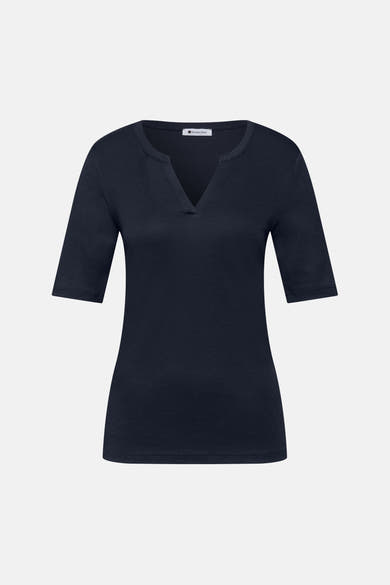 Blauw T-shirt met korte mouwen van Street One, subtiele V-hals en getextureerde stof.