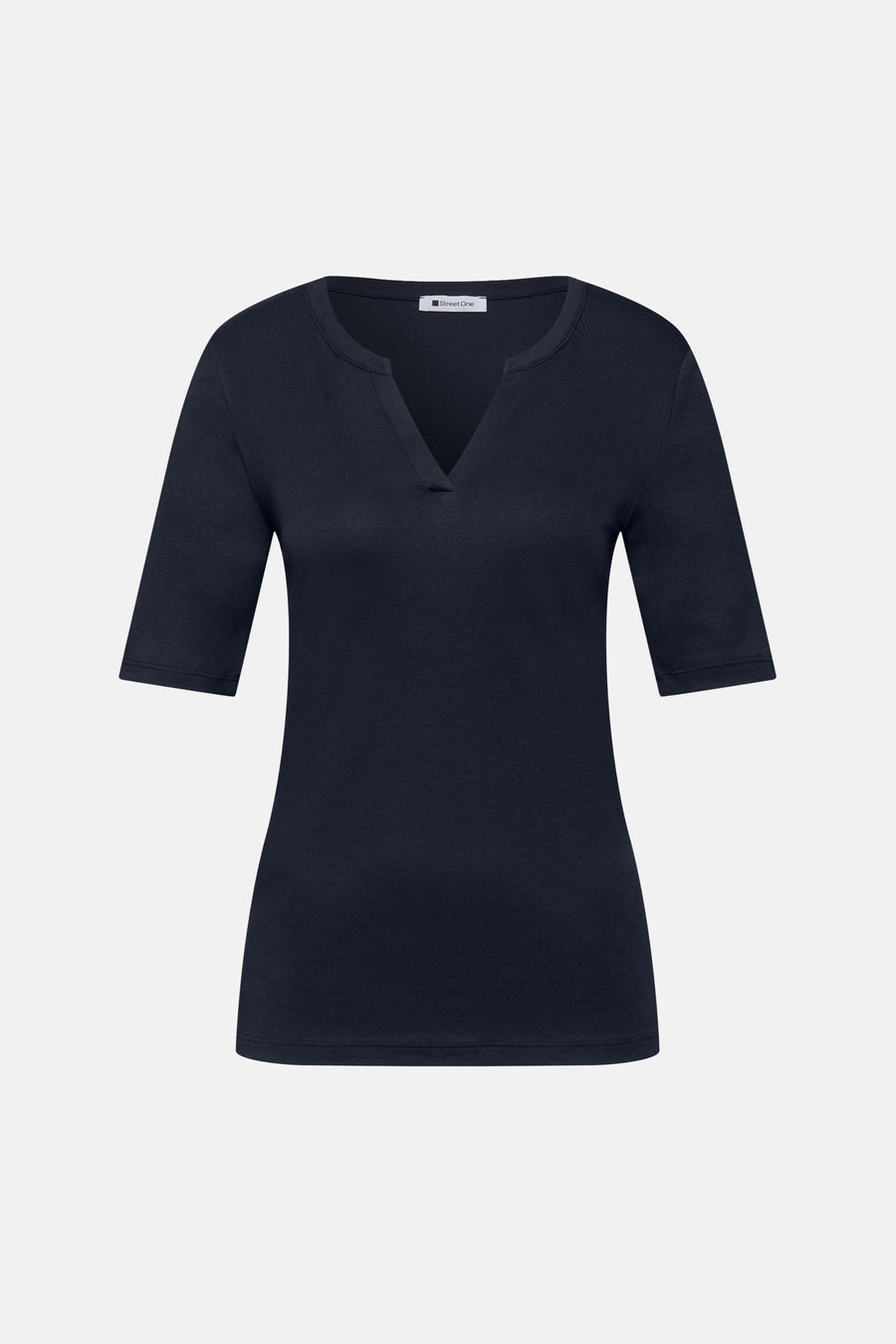 Blauw T-shirt met korte mouwen van Street One, subtiele V-hals en getextureerde stof.