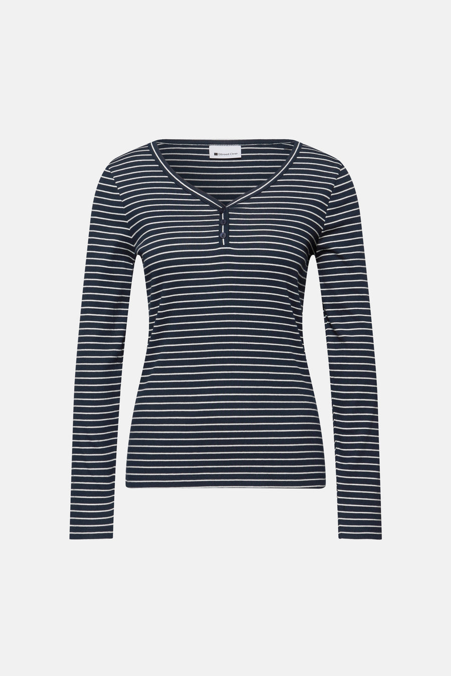 Blauwe T-shirt met lange mouwen van STREET ONE, horizontale witte strepen en knoopsluiting.