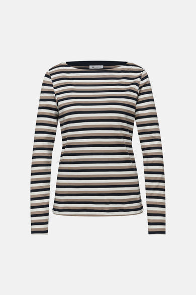 Multikleuren gestreept T-shirt met korte mouwen van Street One, met beige, zwarte en witte horizontale strepen.
